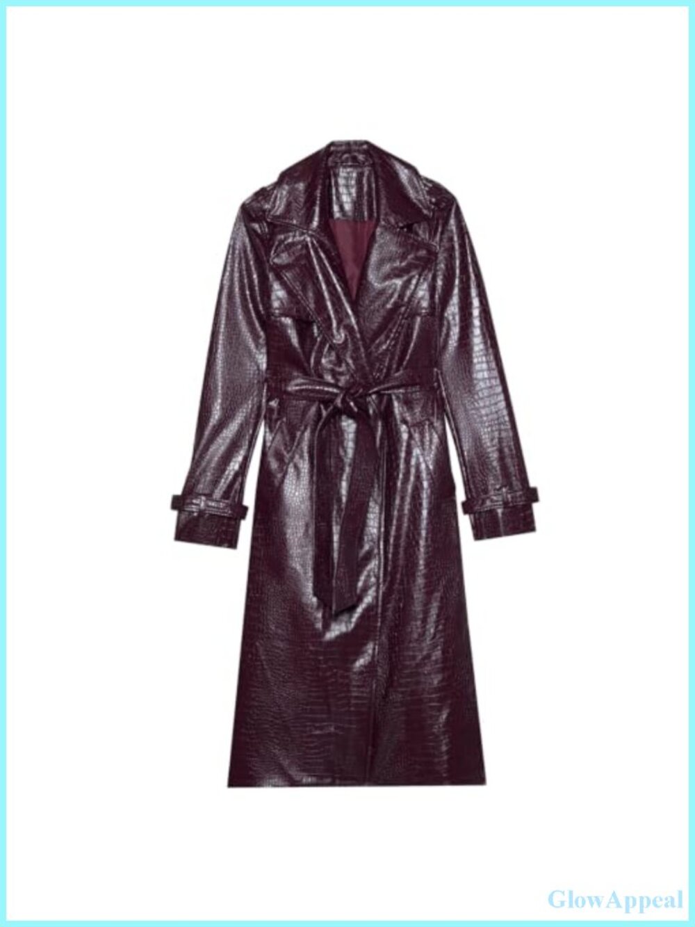 Womens Long Faux Leather Trench Coat with Belt Notched Lapel
